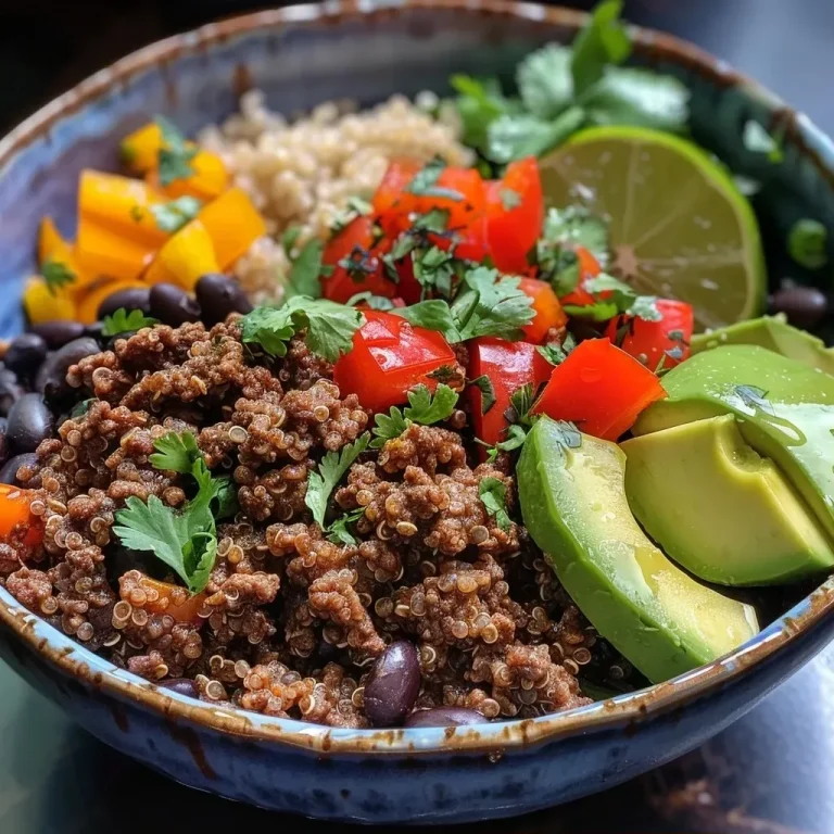 ['Tazón de quinoa con carne de res, verduras y aguacate.', 'Beef Quinoa Bowl con ingredientes frescos y coloridos.', 'Vista lateral de un nutritivo Beef Quinoa Bowl.', 'Plato de quinoa acompañado de carne de res y toppings saludables.']
