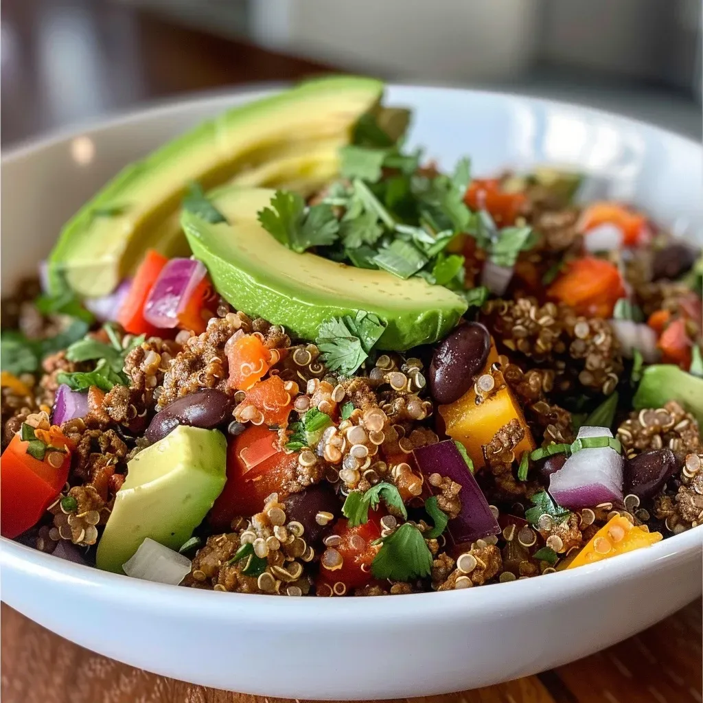 ['Tazón de quinoa con carne de res, verduras y aguacate.', 'Beef Quinoa Bowl con ingredientes frescos y coloridos.', 'Vista lateral de un nutritivo Beef Quinoa Bowl.', 'Plato de quinoa acompañado de carne de res y toppings saludables.']