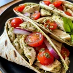 ['Wraps de pollo a la bruschetta con pesto.', 'Vista lateral de wraps de pollo y pesto.', 'Delicious bruschetta chicken pesto wraps listos para comer.', 'Ensalada de pollo en tortilla con tomate y mozzarella.']