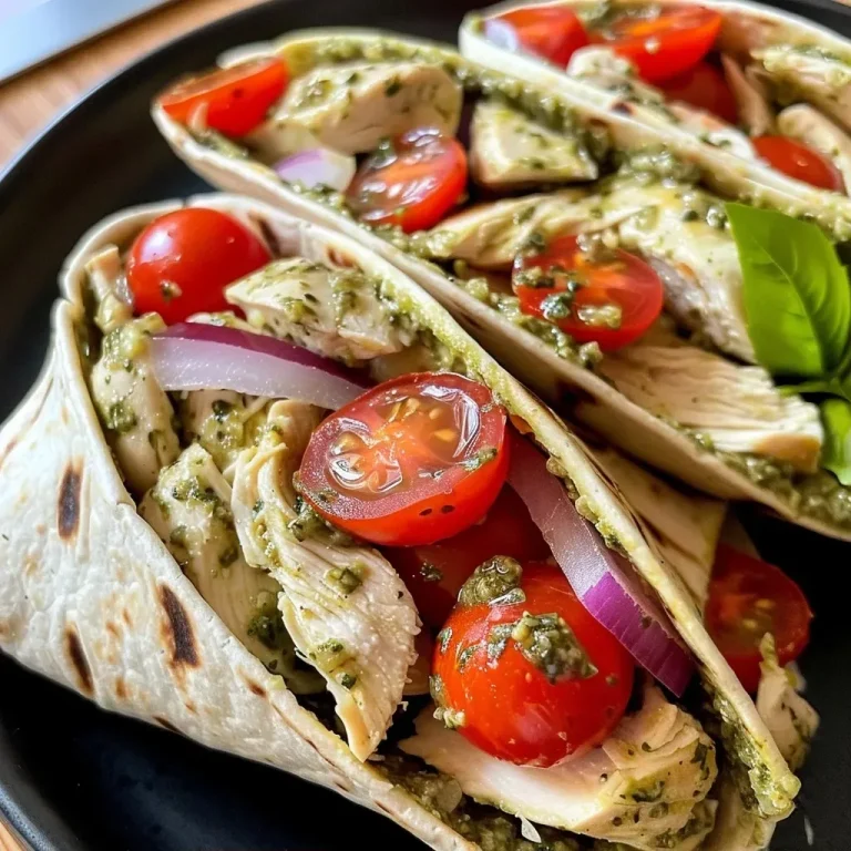 ['Wraps de pollo a la bruschetta con pesto.', 'Vista lateral de wraps de pollo y pesto.', 'Delicious bruschetta chicken pesto wraps listos para comer.', 'Ensalada de pollo en tortilla con tomate y mozzarella.']