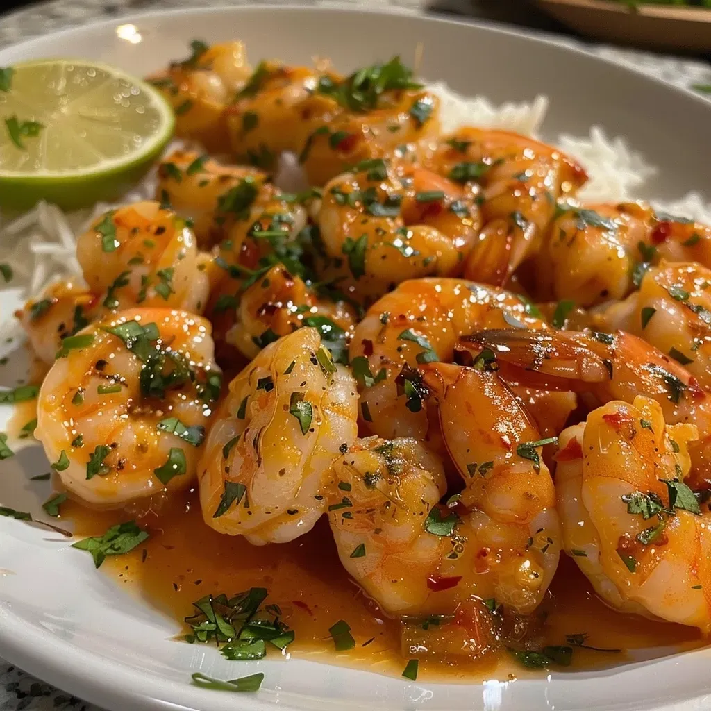 ['Camarones en mantequilla de ajo cremosa, vista lateral.', 'Primer plano de camarones bañados en salsa de mantequilla de ajo.', 'Camarones grandes en una salsa cremosa y jugosa.', 'Detalle de camarones en mantequilla de ajo, listos para servir.']