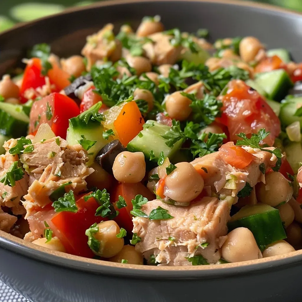['Ensalada de atún saludable sin mayonesa, vista lateral.', 'Detalle de una ensalada de atún fresca y colorida.', 'Ensalada de atún con garbanzos y verduras, vista cercana.', 'Primer plano de una ensalada de atún sin mayonesa.']