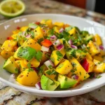['Ensalada colorida de mango y aguacate en un plato blanco.', 'Primer plano de ensalada fresca con trozos de mango y aguacate.', 'Ensalada vibrante de mango y aguacate con cebolla y cilantro.', 'Mezcla de mango y aguacate en un tazón, lista para disfrutar.']