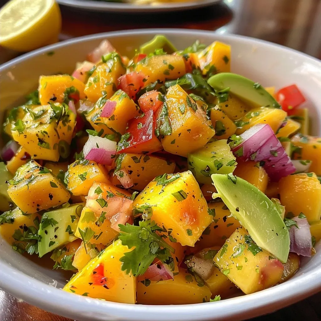 ['Ensalada colorida de mango y aguacate en un plato blanco.', 'Primer plano de ensalada fresca con trozos de mango y aguacate.', 'Ensalada vibrante de mango y aguacate con cebolla y cilantro.', 'Mezcla de mango y aguacate en un tazón, lista para disfrutar.']