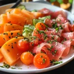['Ensalada de melón con jamón serrano y hojas verdes.', 'Primer plano de ensalada fresca con melón y jamón.', 'Tazón de ensalada de melón y jamón serrano con ingredientes frescos.', 'Ensalada colorida con melón, jamón serrano y vegetales.']