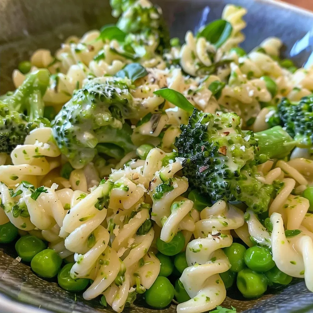 Ensalada de pasta con brócoli asado y verduras frescas.