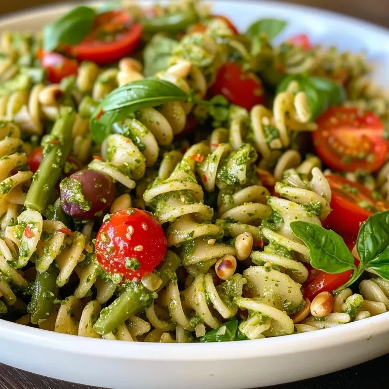 ['Ensalada de pasta con pesto y verduras frescas.', 'Primer plano de una ensalada de pasta con pesto y tomates.', 'Ensalada de pasta estilo pesto con judías verdes y aceitunas.', 'Tazón de ensalada de pasta con pesto y arúgula.']