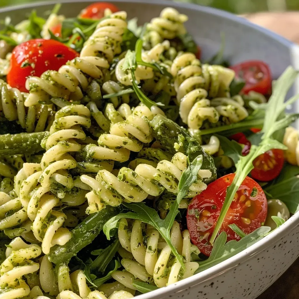 Ensalada de pasta con pesto y verduras frescas.