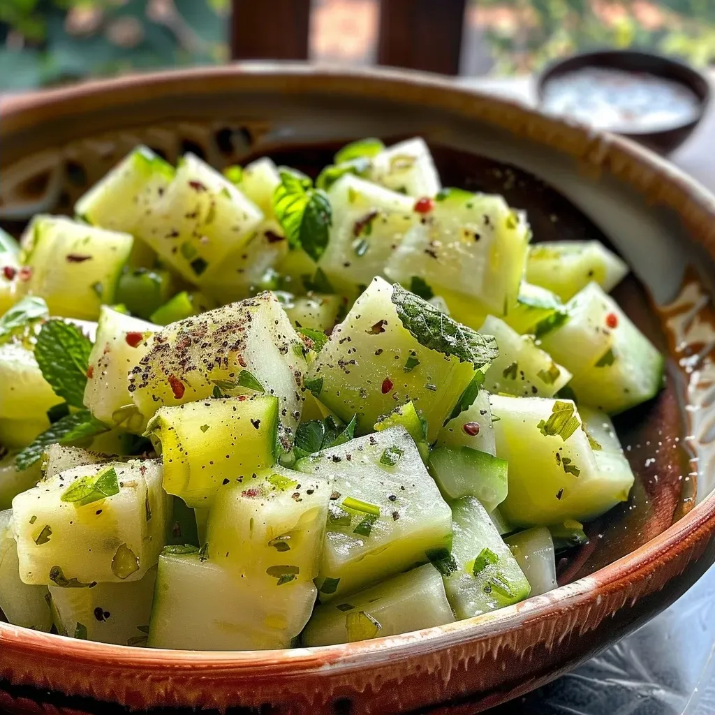 ['Ensalada de pepino y rábano con aderezo de yogur y eneldo.', 'Primer plano de ensalada fresca de pepino y rábano.', 'Detalle de ensalada de pepino y rábano con aderezo cremoso.', 'Ensalada colorida de pepino y rábano, lista para servir.']