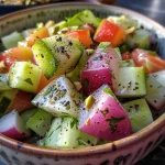 ['Ensalada colorida de sandía, pistache y menta presentada en un plato.', 'Primer plano de una ensalada fresca de sandía y pistaches con cebolla morada.', 'Vista lateral de una ensalada con cubos de sandía, pepino y queso feta.', 'Ensalada vibrante de sandía y pistache decorada con hojas de menta.']