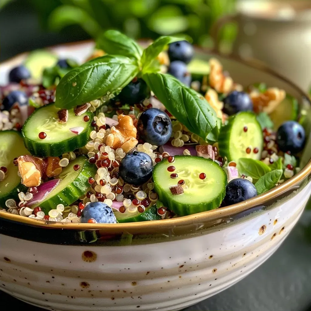 ['Ensalada de quinoa con arándanos y verduras frescas.', 'Primer plano de ensalada de quinoa con arándanos y aguacate.', 'Tazón de ensalada de quinoa con arándanos, espinacas y nueces.', 'Ensalada colorida de quinoa, arándanos y aderezo saludable.']