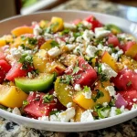 ['Ensalada de sandía y nectarina con queso feta.', 'Colorida ensalada de frutas con sandía y nectarinas.', 'Primer plano de una ensalada refrescante con sandía y feta.', 'Ensalada de sandía y nectarina adornada con queso feta.']