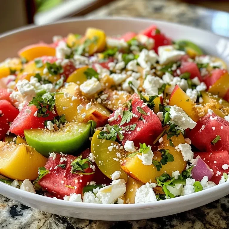 ['Ensalada de sandía y nectarina con queso feta.', 'Colorida ensalada de frutas con sandía y nectarinas.', 'Primer plano de una ensalada refrescante con sandía y feta.', 'Ensalada de sandía y nectarina adornada con queso feta.']