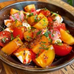['Ensalada colorida con tomate, melocotón y burrata.', 'Primer plano de ensalada fresca con ingredientes variados.', 'Ensalada de tomate y melocotón acompañada de burrata.', 'Detalle de una ensalada con burrata y frutas.']