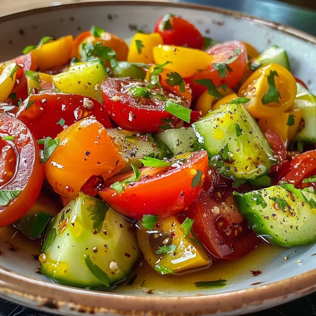 ['Ensalada colorida con tomatitos cherry, aguacate y pepino en un plato.', 'Primer plano de una ensalada fresca con ingredientes saludables.', 'Ensalada de tomatitos cherry, aguacate y pepino, ideal para un día de verano.', 'Detalle de ensalada con aguacate y vegetales frescos.']