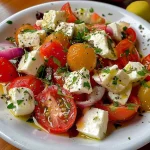 ['Ensalada Griega con Feta, mostrando ingredientes frescos.', 'Vista lateral de una ensalada griega con queso feta y vegetales.', 'Ensalada colorida en un plato, con feta y aceitunas.', 'Primer plano de ensalada griega con tomate, pepino y feta.']
