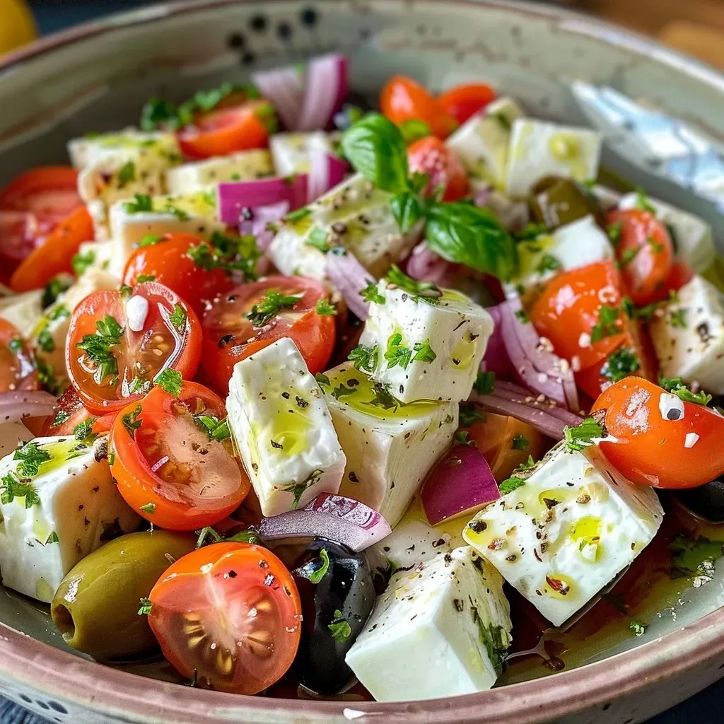 ['Ensalada Griega con Feta, mostrando ingredientes frescos.', 'Vista lateral de una ensalada griega con queso feta y vegetales.', 'Ensalada colorida en un plato, con feta y aceitunas.', 'Primer plano de ensalada griega con tomate, pepino y feta.']