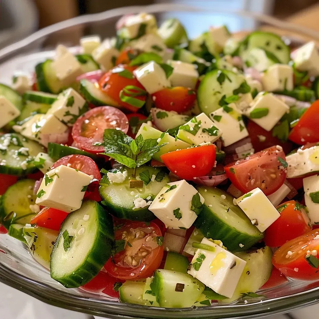 Ensalada griega de atún con vegetales frescos y queso feta.