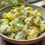 ['Ensalada vegana cremosa de pepino y eneldo en un tazón.', 'Primer plano de una ensalada vegana con pepino y eneldo.', 'Tazón de ensalada vegana de pepino con aderezo cremoso.', 'Ensalada vegana de pepino y eneldo con ingredientes frescos.']