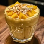 ['Mango lassi servido en un vaso con pistachos y chips de coco.', 'Primer plano de un mango lassi decorado con frutos secos.', 'Vaso de mango lassi con ingredientes visibles y presentación atractiva.', 'Bebida de mango lassi con toppings de pistacho y coco.']