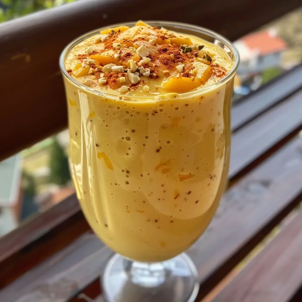 ['Mango lassi servido en un vaso con pistachos y chips de coco.', 'Primer plano de un mango lassi decorado con frutos secos.', 'Vaso de mango lassi con ingredientes visibles y presentación atractiva.', 'Bebida de mango lassi con toppings de pistacho y coco.']