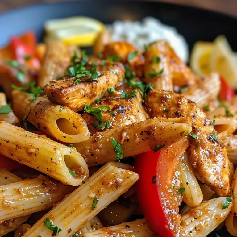 ['Pasta Cajún saludable con pollo, verduras y salsa cremosa.', 'Close up de un plato de pasta Cajún con pollo y vegetales frescos.', 'Porción de pasta rigatoni con especias cajún y salsa de yogur.', 'Tazón de pasta Cajún con trozos jugosos de pollo y pimientos.']