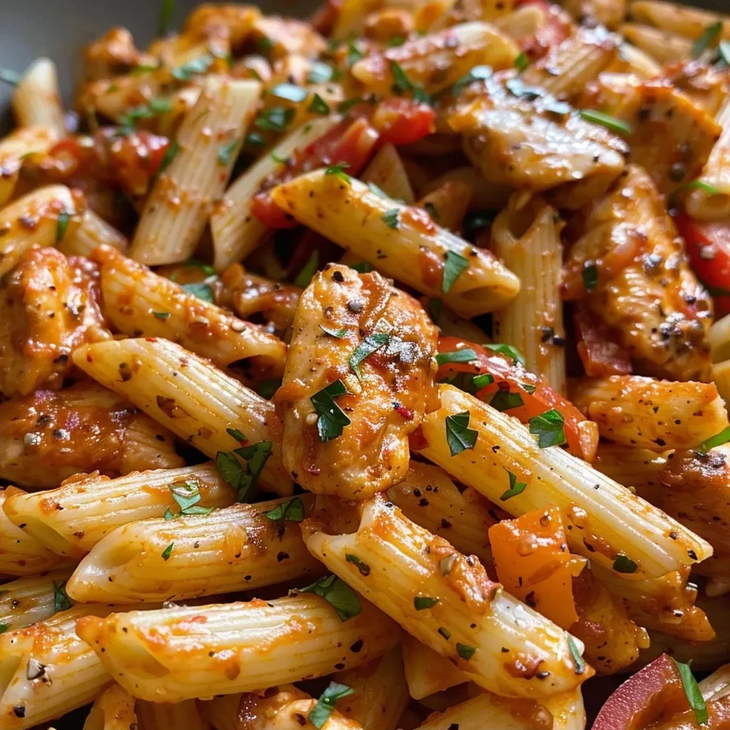 ['Pasta Cajún saludable con pollo, verduras y salsa cremosa.', 'Close up de un plato de pasta Cajún con pollo y vegetales frescos.', 'Porción de pasta rigatoni con especias cajún y salsa de yogur.', 'Tazón de pasta Cajún con trozos jugosos de pollo y pimientos.']