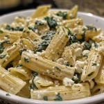 ['Pasta con espinacas y queso feta, vista lateral.', 'Plato de pasta cremosa con espinacas y feta.', 'Primer plano de pasta con espinacas y queso feta.', 'Pasta con espinacas y feta, lista para servir.']