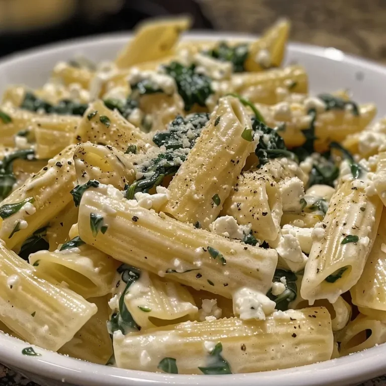 ['Pasta con espinacas y queso feta, vista lateral.', 'Plato de pasta cremosa con espinacas y feta.', 'Primer plano de pasta con espinacas y queso feta.', 'Pasta con espinacas y feta, lista para servir.']
