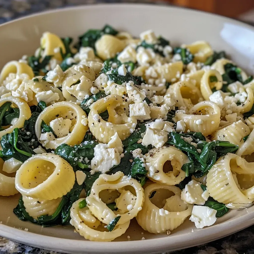 Pasta con espinacas y queso feta, vista lateral.
