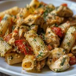 ['Pasta con pollo y salsa de tomate deshidratado en primer plano.', 'Plato de pasta acompañada de pollo a la parrilla y pesto de tomate.', 'Detalle de pasta con pollo, aderezada con pesto de tomate deshidratado.', 'Cierre de un plato delicioso de pasta con pollo y tomates secos.']