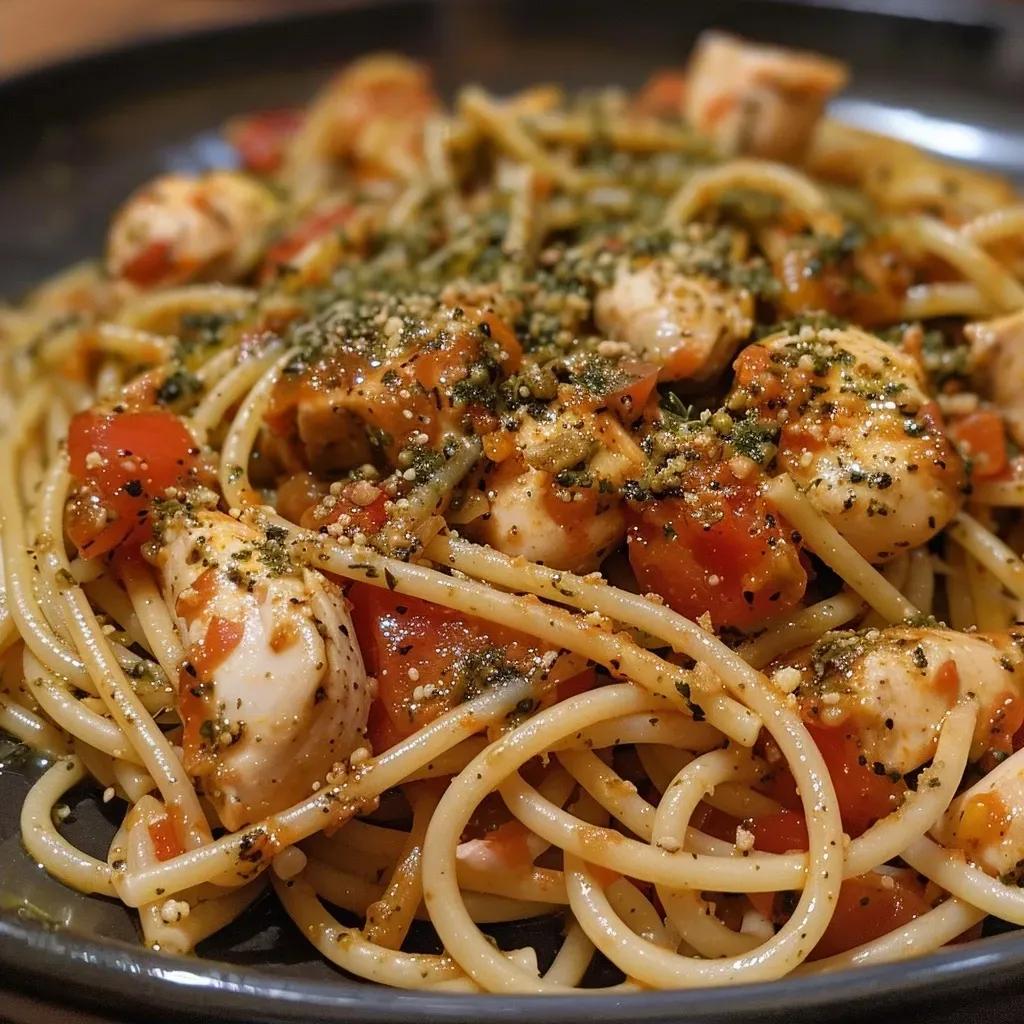 ['Pasta con pollo y salsa de tomate deshidratado en primer plano.', 'Plato de pasta acompañada de pollo a la parrilla y pesto de tomate.', 'Detalle de pasta con pollo, aderezada con pesto de tomate deshidratado.', 'Cierre de un plato delicioso de pasta con pollo y tomates secos.']