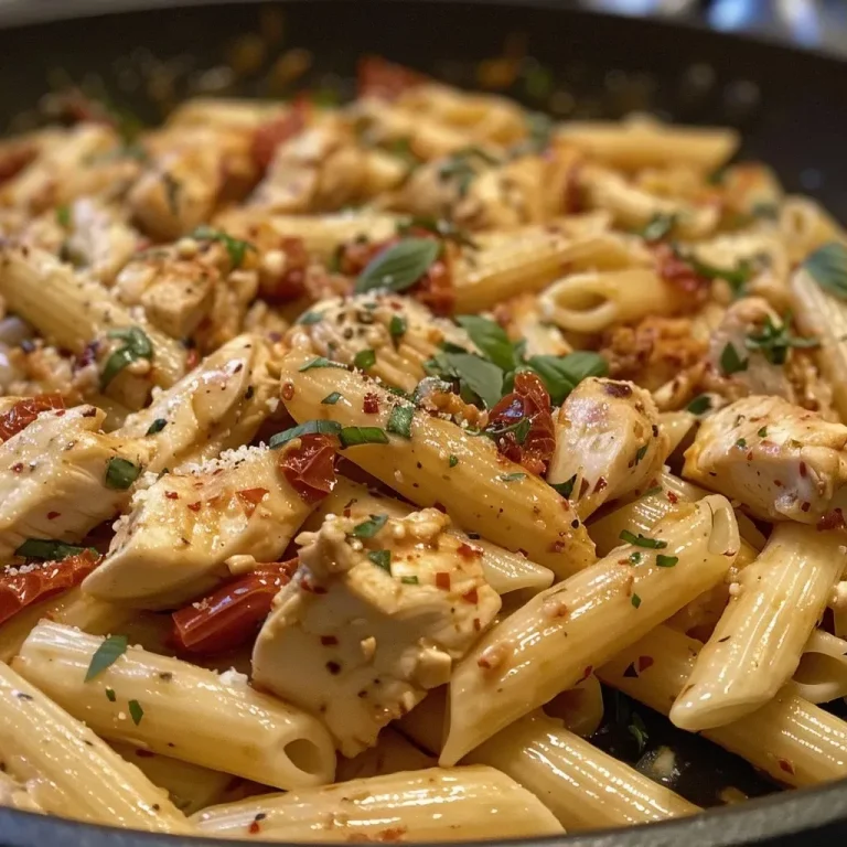 ['Pasta con pollo y tomate seco en una salsa cremosa de mozzarella.', 'Placa de pasta con trozos de pollo y tomates secos en una salsa.', 'Close-up de pasta penne con pollo y tomate seco.', 'Plato de pasta con pollo y salsa de mozzarella.']