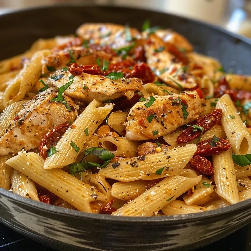 ['Pasta con pollo y tomate seco en una salsa cremosa de mozzarella.', 'Placa de pasta con trozos de pollo y tomates secos en una salsa.', 'Close-up de pasta penne con pollo y tomate seco.', 'Plato de pasta con pollo y salsa de mozzarella.']