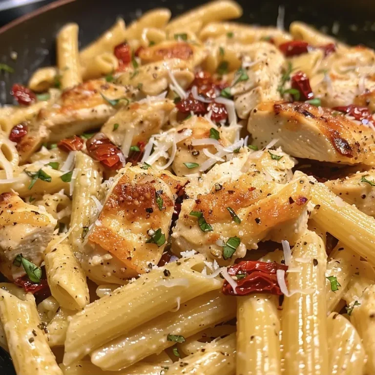 ['Pasta con pollo y tomates secos al sol en un plato.', 'Primer plano de pasta con pollo, tomates secos y queso mozzarella.', 'Tazón de pasta con pollo, tomates secos y hierbas frescas.', 'Plato de pasta con ingredientes frescos, pollo y mozzarella.']