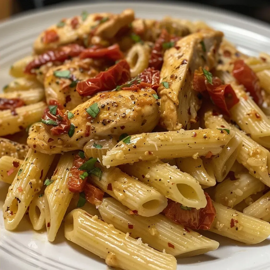 Pasta con pollo y tomates secos al sol en un plato.