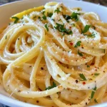['Pasta cremosa de limón en un plato.', 'Primer plano de un plato de espagueti con salsa de limón.', 'Espagueti cremoso con limón y especias.', 'Pasta con salsa de limón fresca y hierbas.']