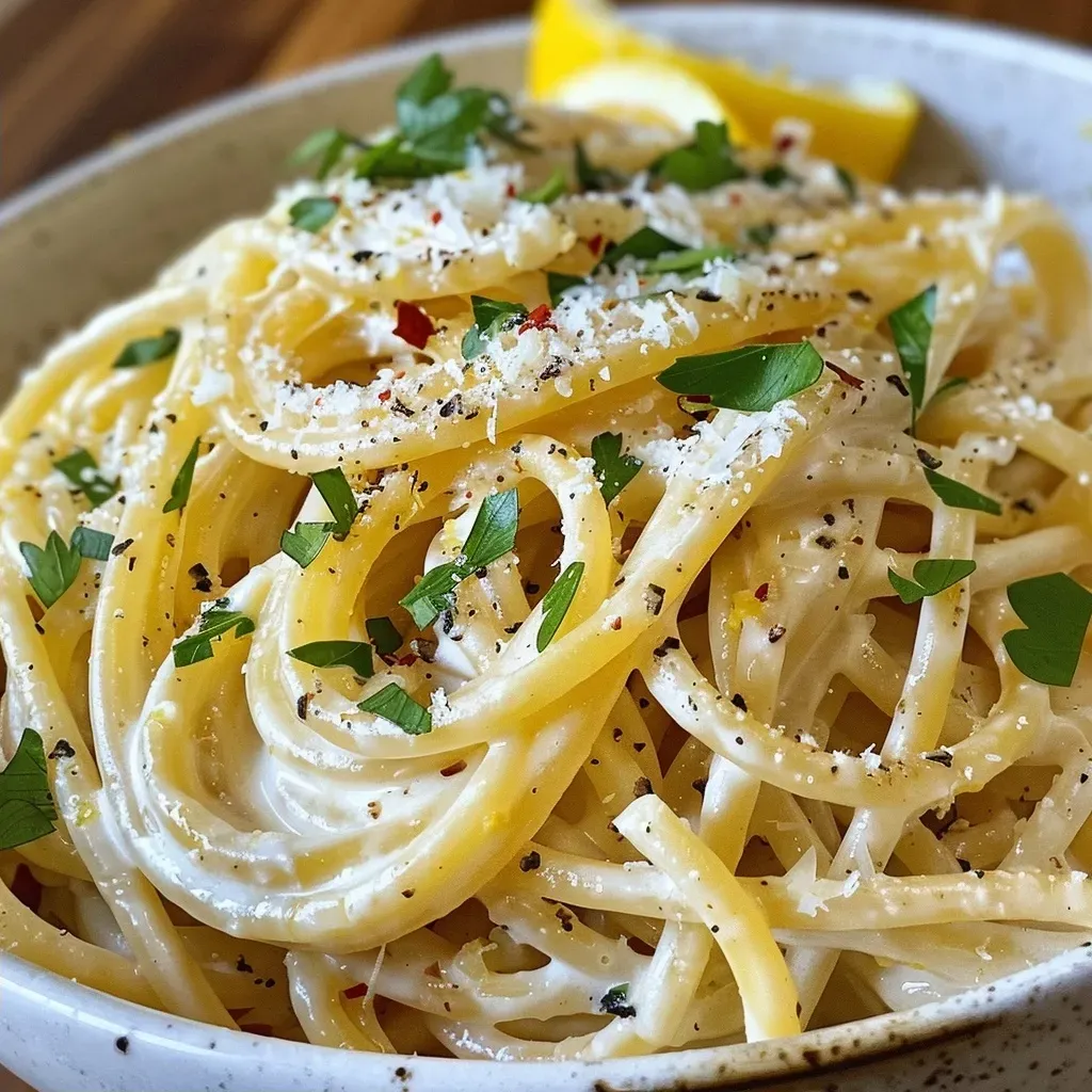 ['Pasta cremosa de limón en un plato.', 'Primer plano de un plato de espagueti con salsa de limón.', 'Espagueti cremoso con limón y especias.', 'Pasta con salsa de limón fresca y hierbas.']