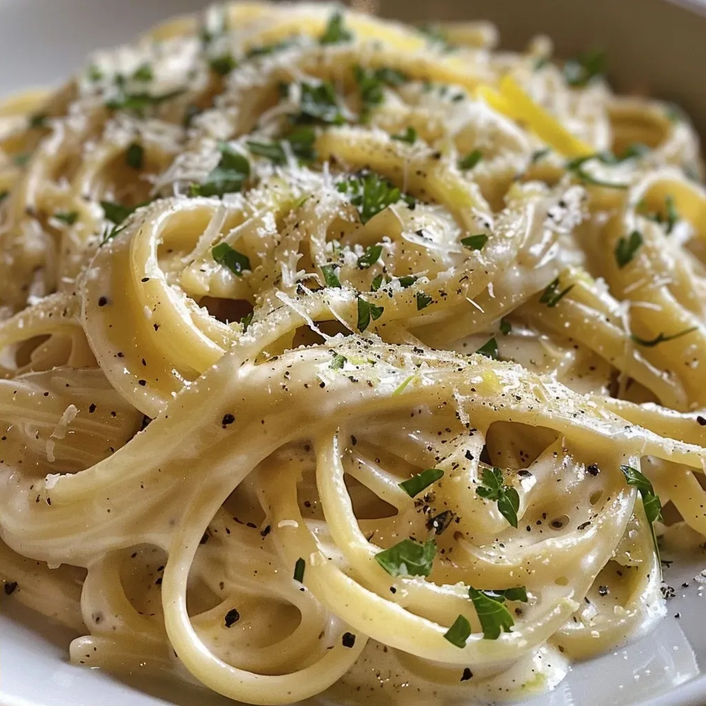 Pasta cremosa de limón con decoración de queso y pimienta.