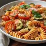 ['Pasta con tomate y calabacín servida en un plato.', 'Primer plano de pasta de tomate y calabacín con abundantes ingredientes frescos.', 'Detalle de pasta al tomate y calabacín con queso parmesano.', 'Pasta rotini con calabacín y tomates cherry en un plato colorido.']