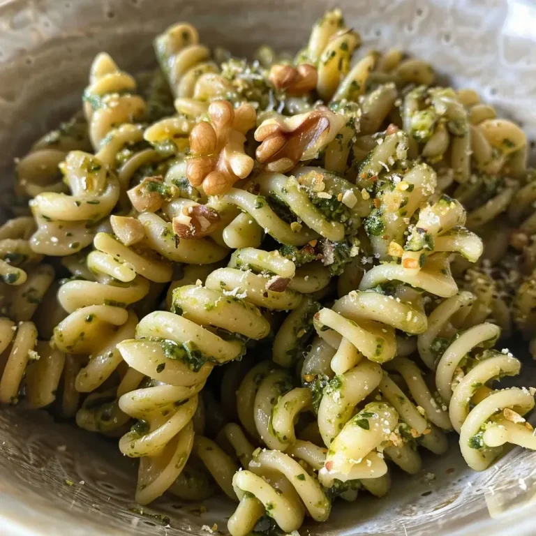 ['Pasta corta con pesto de rúcula y nueces en un plato.', 'Primer plano de un plato de pasta con salsa de rúcula y nueces.', 'Receta de pasta pesto de rúcula y nueces presentada en un plato.', 'Pasta con pesto de rúcula y nueces, vista lateral.']