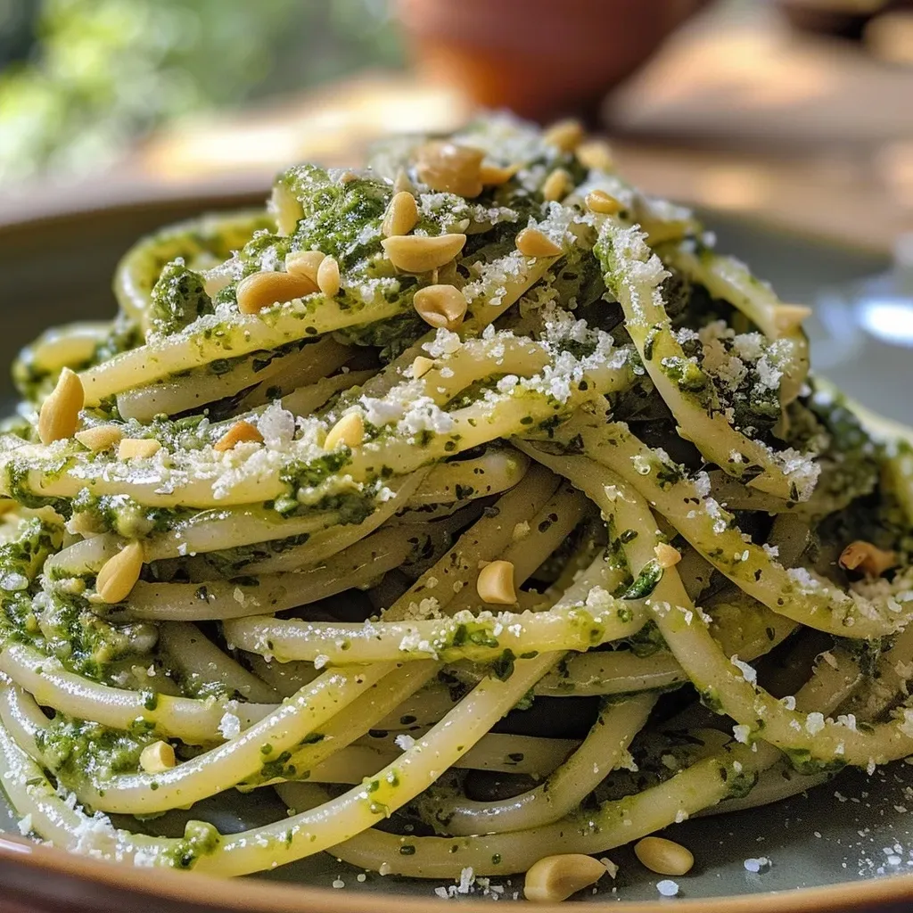 Pasta corta con pesto de rúcula y nueces en un plato.