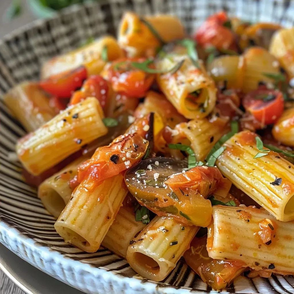 Pasta vegana con tomates cherry asados y albahaca fresca.