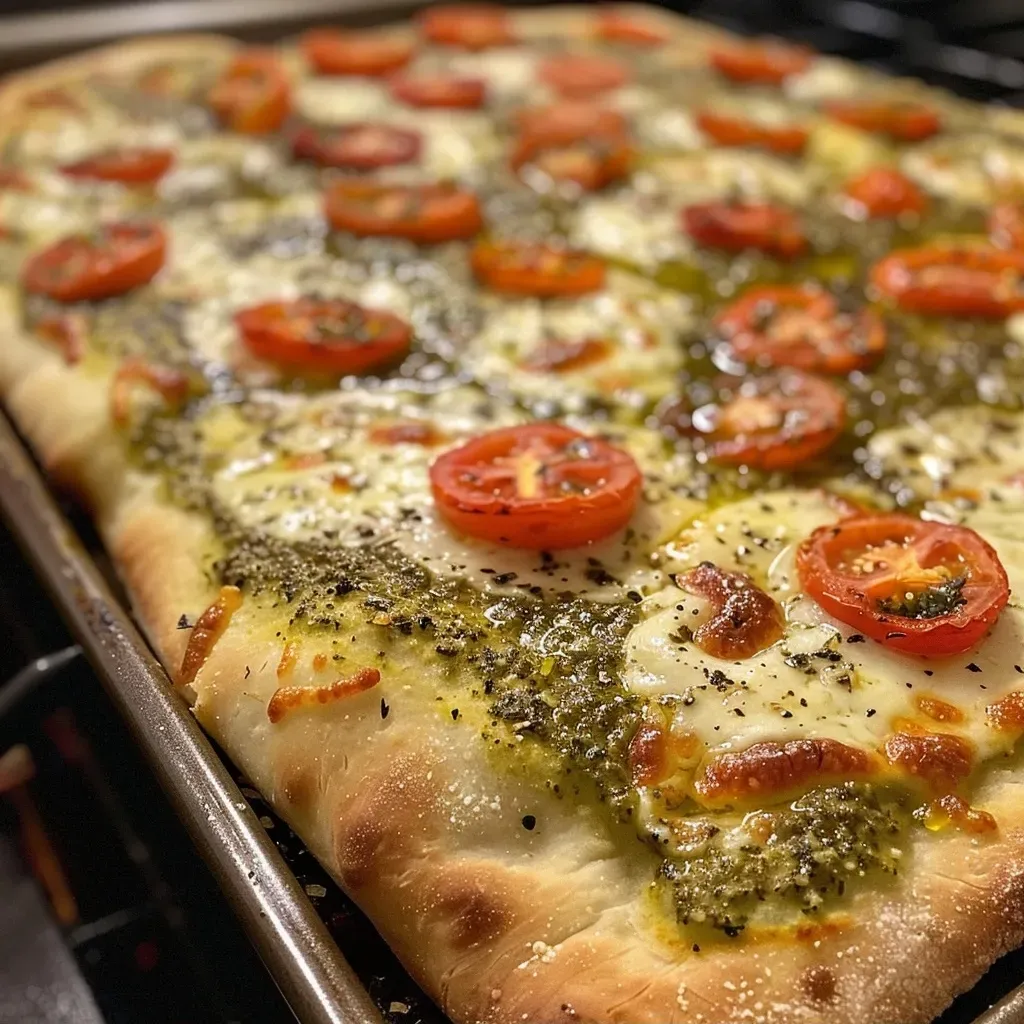 ['Primer plano de una pizza pesto jugosa, con ingredientes frescos.', 'Vista lateral de una deliciosa pizza pesto con tomates y albahaca.', 'Pizza pesto apetitosa, con queso mozzarella y hierbas frescas.', 'Close up de una pizza pesto, destacando su textura y color.']