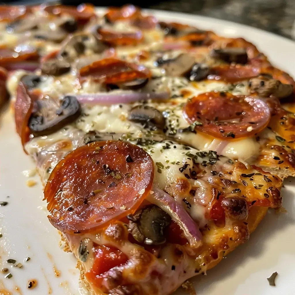 ['Pizza alta en proteínas con ingredientes visibles.', 'Primer plano de una pizza jugosa rica en proteínas.', 'Vista lateral de una pizza nutritiva con ingredientes frescos.', 'Rebanada de pizza alta en proteínas con verduras y pepperoni.']