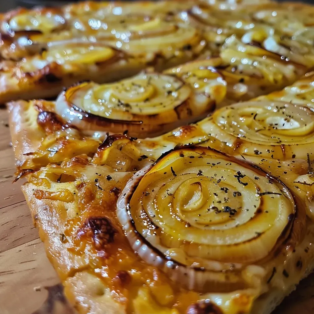 Pizza con queso de cabra y cebolla caramelizada en primer plano.