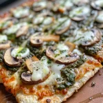 ['Pizza de coliflor con espinacas y champiñones vista lateral.', 'Primer plano de una pizza de coliflor con ingredientes frescos.', 'Imagen de pizza de coliflor con espinacas y champiñones, aspecto jugoso.', 'Pizza saludable de coliflor con espinacas y champiñones en detalle.']
