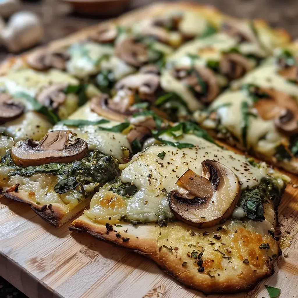 ['Pizza de coliflor con espinacas y champiñones vista lateral.', 'Primer plano de una pizza de coliflor con ingredientes frescos.', 'Imagen de pizza de coliflor con espinacas y champiñones, aspecto jugoso.', 'Pizza saludable de coliflor con espinacas y champiñones en detalle.']