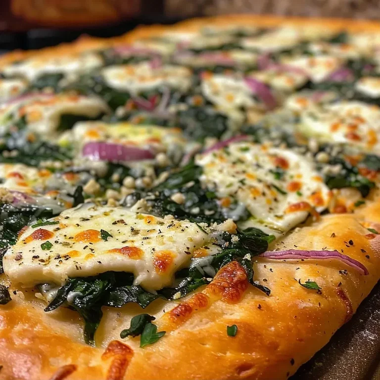 ['Pizza de espinacas y ricotta con queso derretido y ingredientes frescos.', 'Vista lateral de una pizza de espinacas y ricotta, lista para servir.', 'Detalle de una porción de pizza de espinacas y ricotta con toppings visibles.', 'Pizza casera de espinacas y ricotta con corteza dorada y relleno cremoso.']