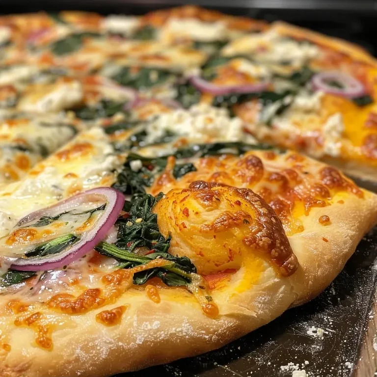 ['Pizza de espinacas y ricotta con ingredientes frescos.', 'Vista lateral de una pizza de espinacas y ricotta.', 'Pizza de espinacas y ricotta recién horneada.', 'Close up de una deliciosa pizza de espinacas y ricotta.']